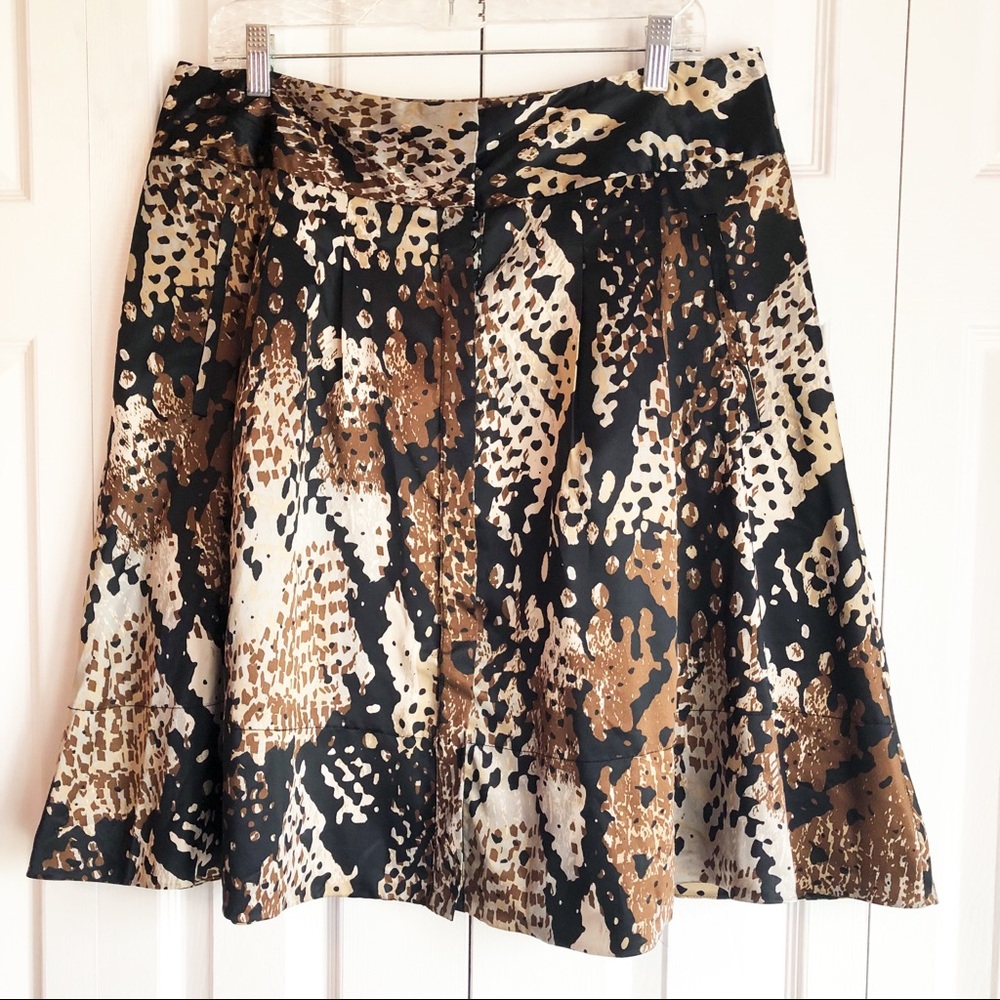 Worthington Brown Multi Animal Print Satin A-Line Button Down Skirt 14